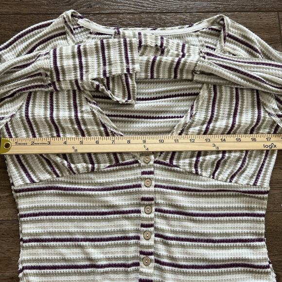 Free People Bodysuit Womens Lg By The Fire Thermal Striped Textured V-Neck Boho - Picture 6 of 11